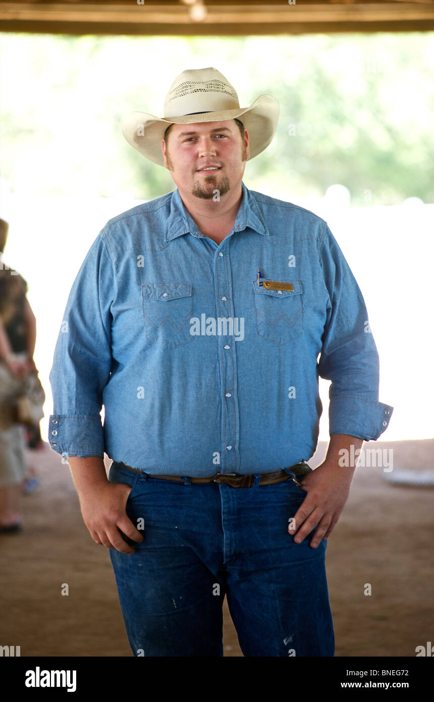 Agricoltore Cowboy presso Lyndon B. Johnson Parco Storico e Ranch, Johnson City, Hill Country Texas, Stati Uniti d'America Foto Stock