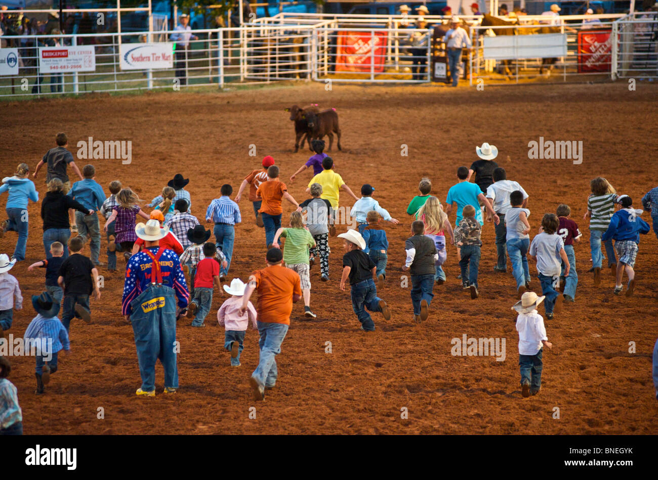 Giovane folla correre per prendere i manzi a PRCA Rodeo in Smalltown Bridgeport, Texas, Stati Uniti d'America Foto Stock