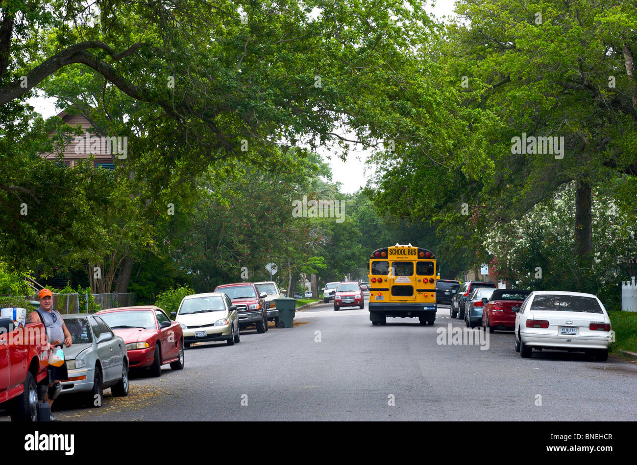 Scuola bus nei sobborghi di Galveston, Texas, Stati Uniti d'America Foto Stock