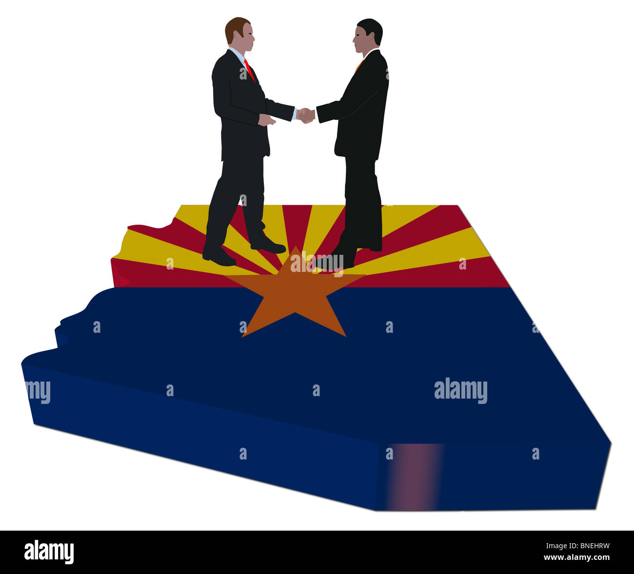 La gente di affari stringono le mani sulla Arizona bandiera mappa immagine Foto Stock