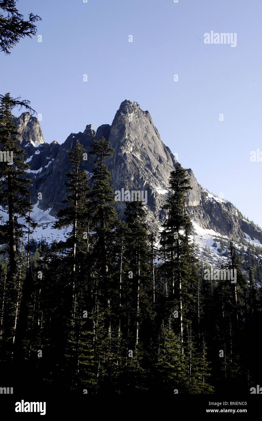 Liberty Bell a Washington Pass nel Parco Nazionale delle Cascate del Nord con il blu del cielo Foto Stock