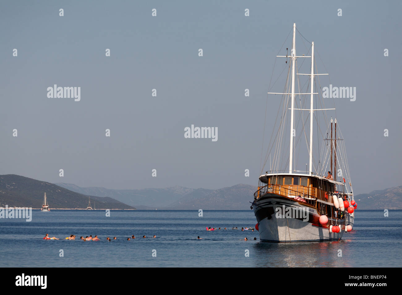 I turisti nuoto off vacanza Caicco Charter Baia tra Kolocep e Lopud una delle Elafiti isole elafiti Croazia Foto Stock