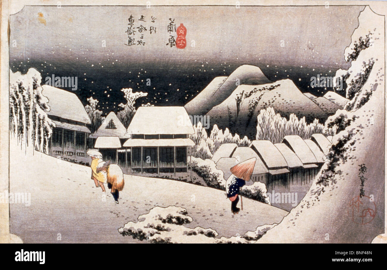 Il Fifty-Three stazioni della linea Tokaido, Kanbara da Utagawa Hiroshige, xilografia, stampa del XIX secolo, 1797-1858 Foto Stock