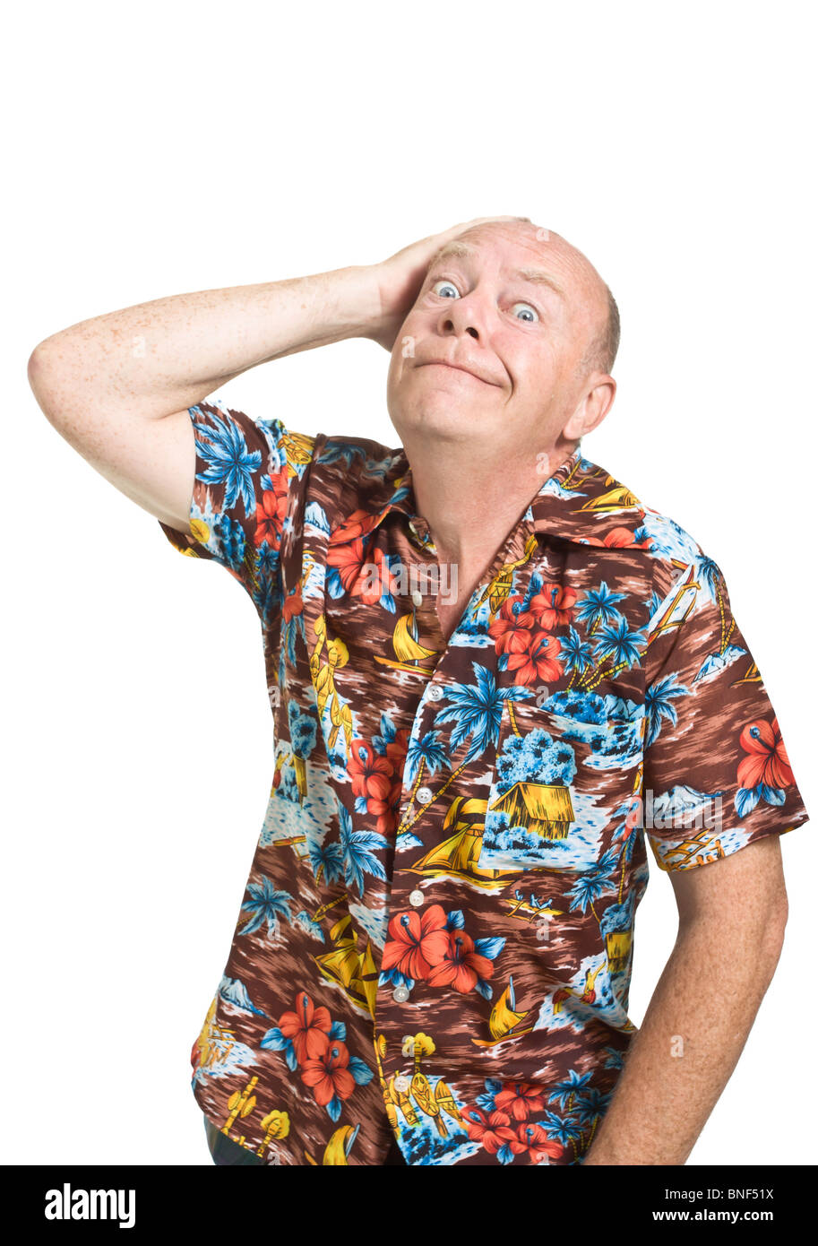 Espressivo Vecchio Uomo in camicia forte concetto di vacanza isolata contro il bianco. Foto Stock