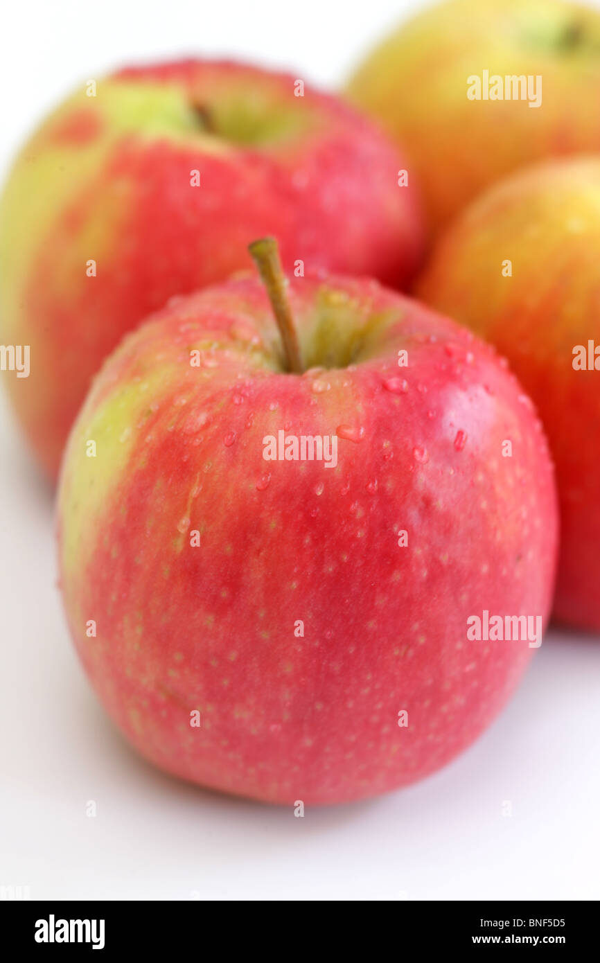 Fresche e mature Juicy dolce Pink Lady mele contro uno sfondo bianco con un tracciato di ritaglio e nessun popolo Foto Stock