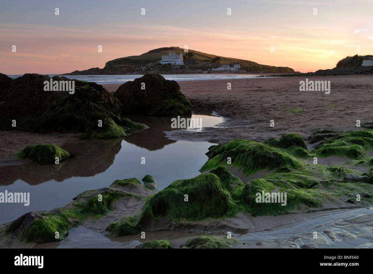 Bigbury-su-Mare e Burgh Island al tramonto, Sud prosciutti, Devon. La bassa marea rivela le alghe coperto rocce sulla spiaggia. Foto Stock