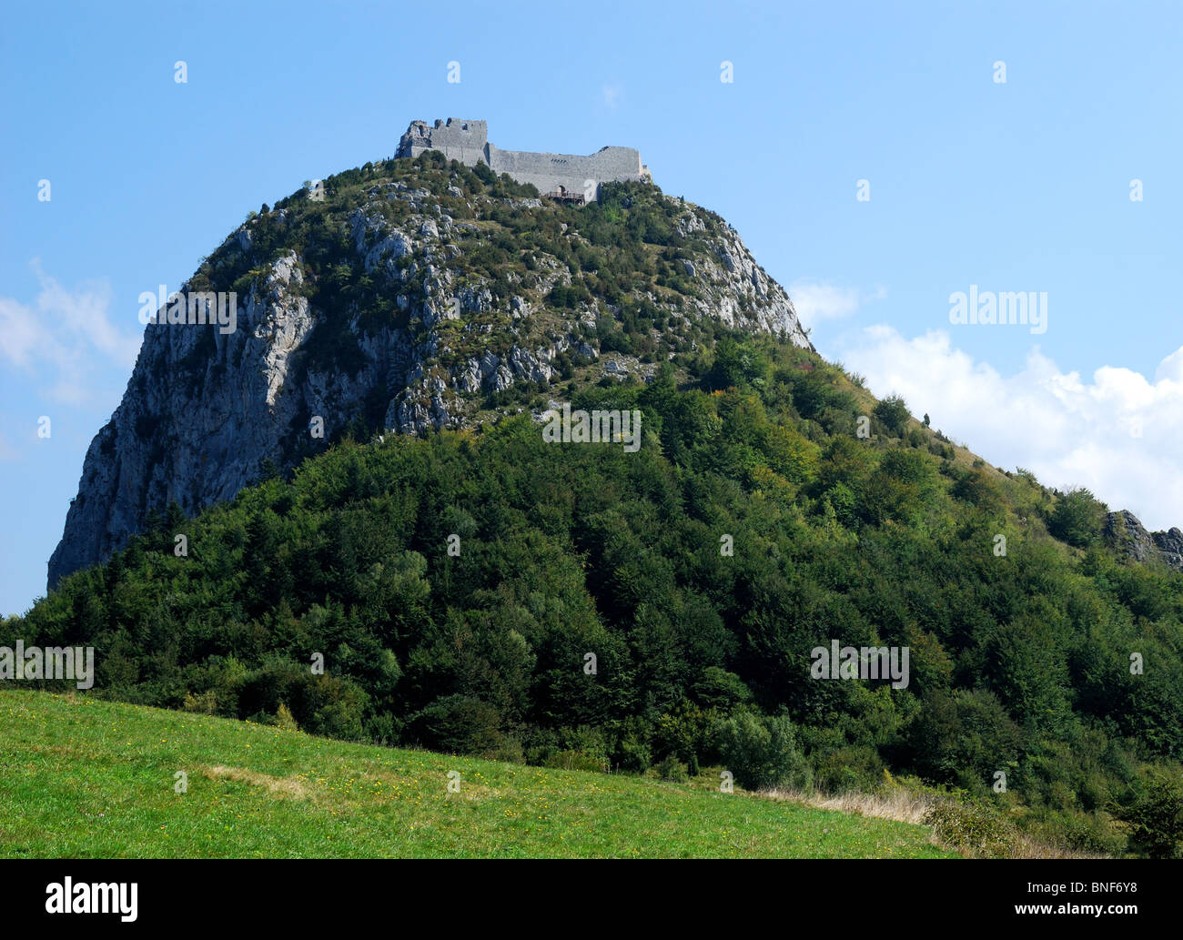 Montsegur - l'ultima roccaforte catari, Dipartimento Ariège, Languedoc-Midi-Pirenei, Francia Foto Stock