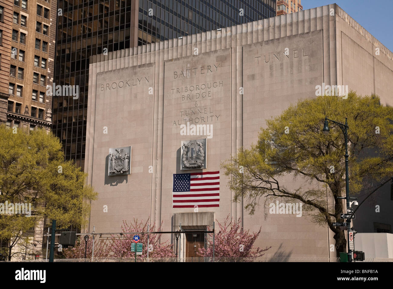 Portale di Manhattan e Brooklyn Battery Tunnel, NYC Foto Stock