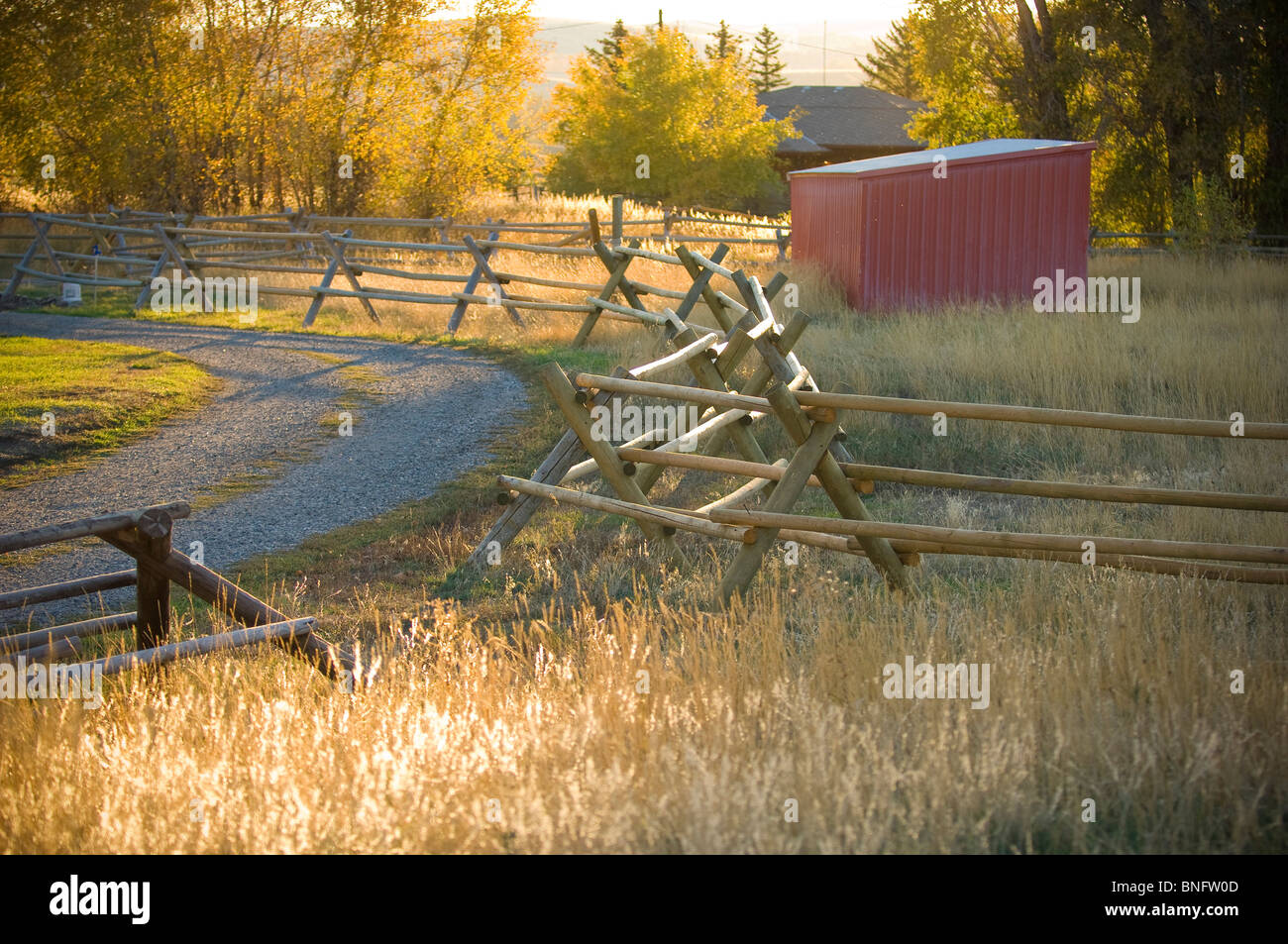 Recinzione di Jack in un ranch, Bozeman, Montana, USA Foto Stock