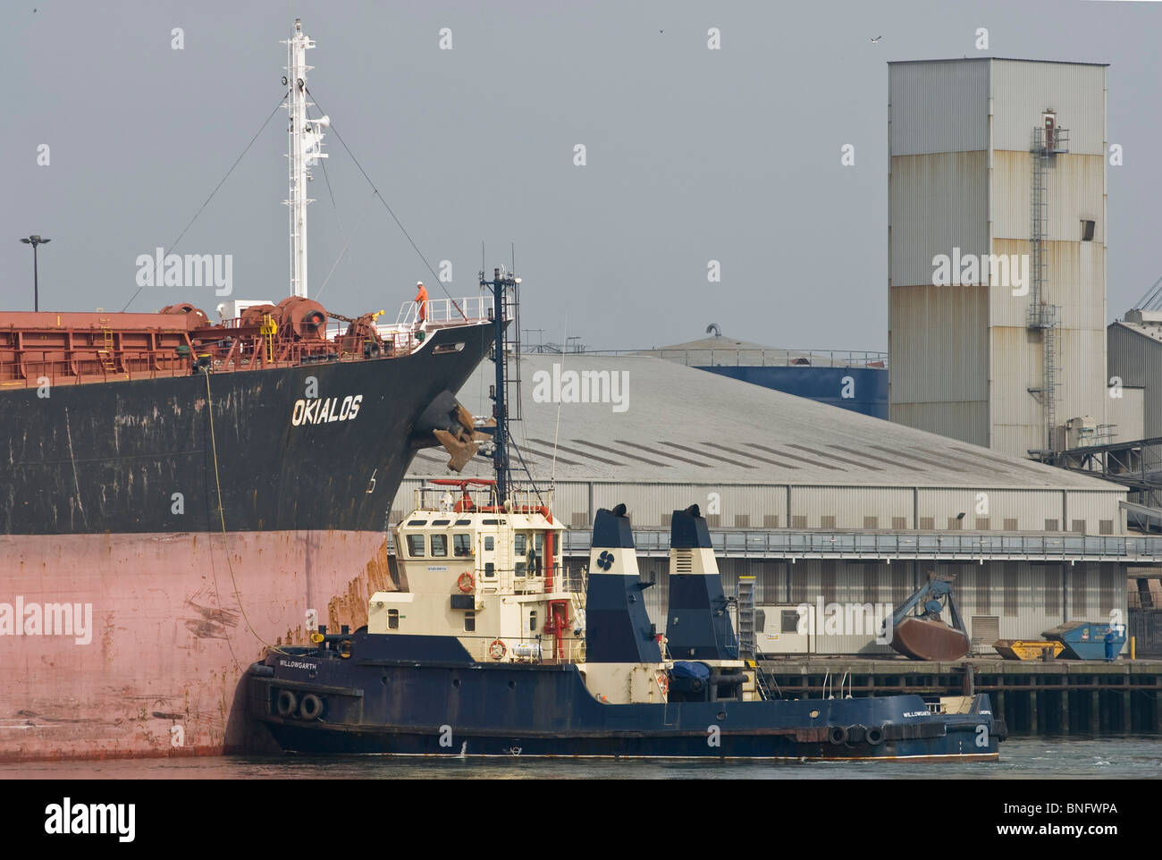 Rimorchiatore manoevering portarinfuse Okialos, Belfast docks. Foto Stock