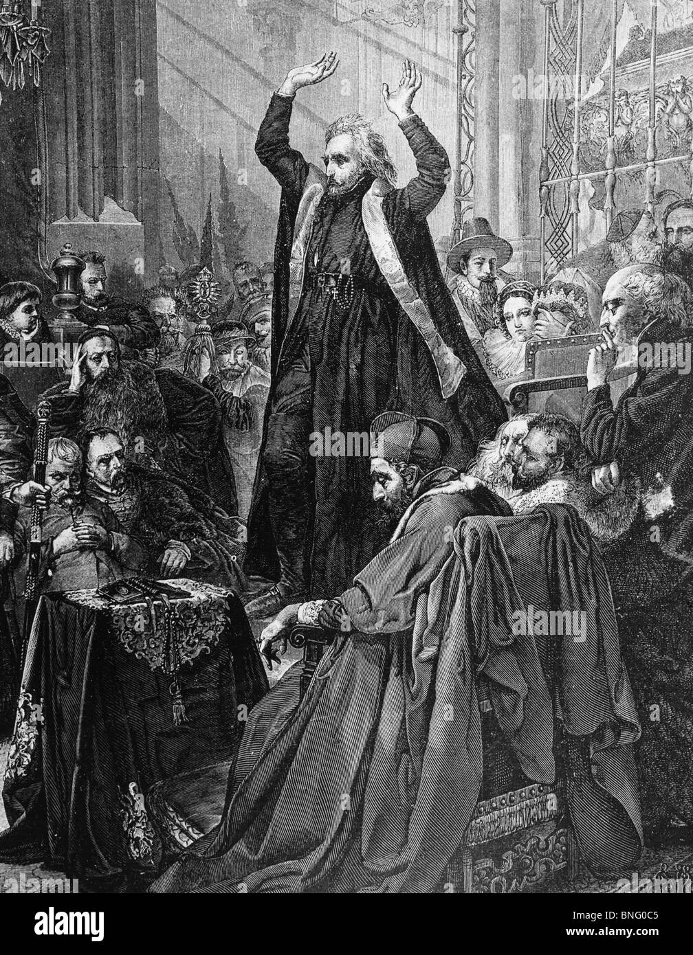 Skarga predicazione prima di Sigismondo II, re di Polonia 1543-1572, nella Cattedrale di Cracovia, stampa Foto Stock