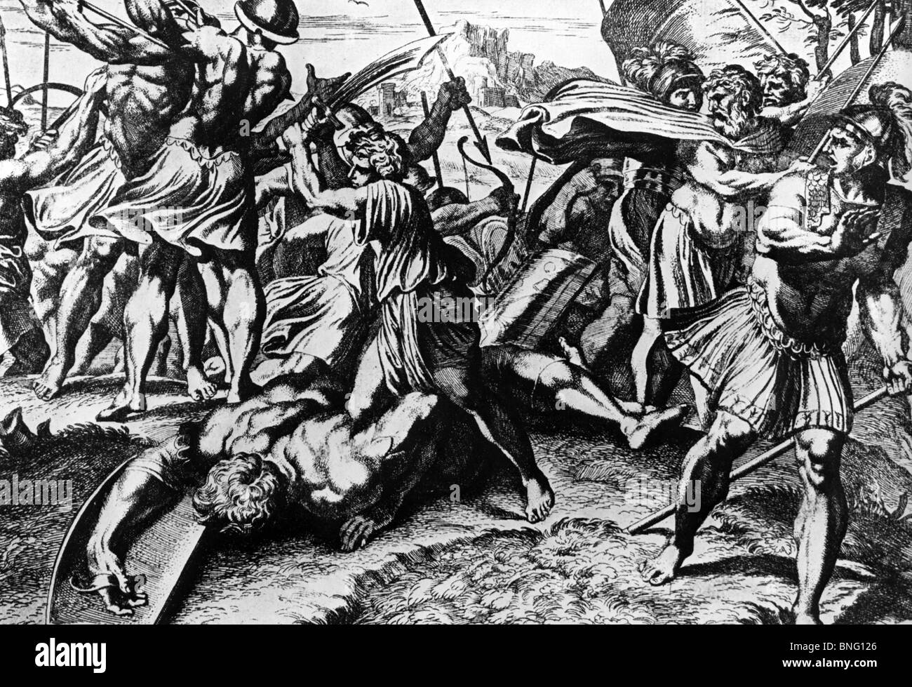 Davide uccide Golia di Raffaello Raffaello Sanzio, stampa 1483-1520 Foto Stock