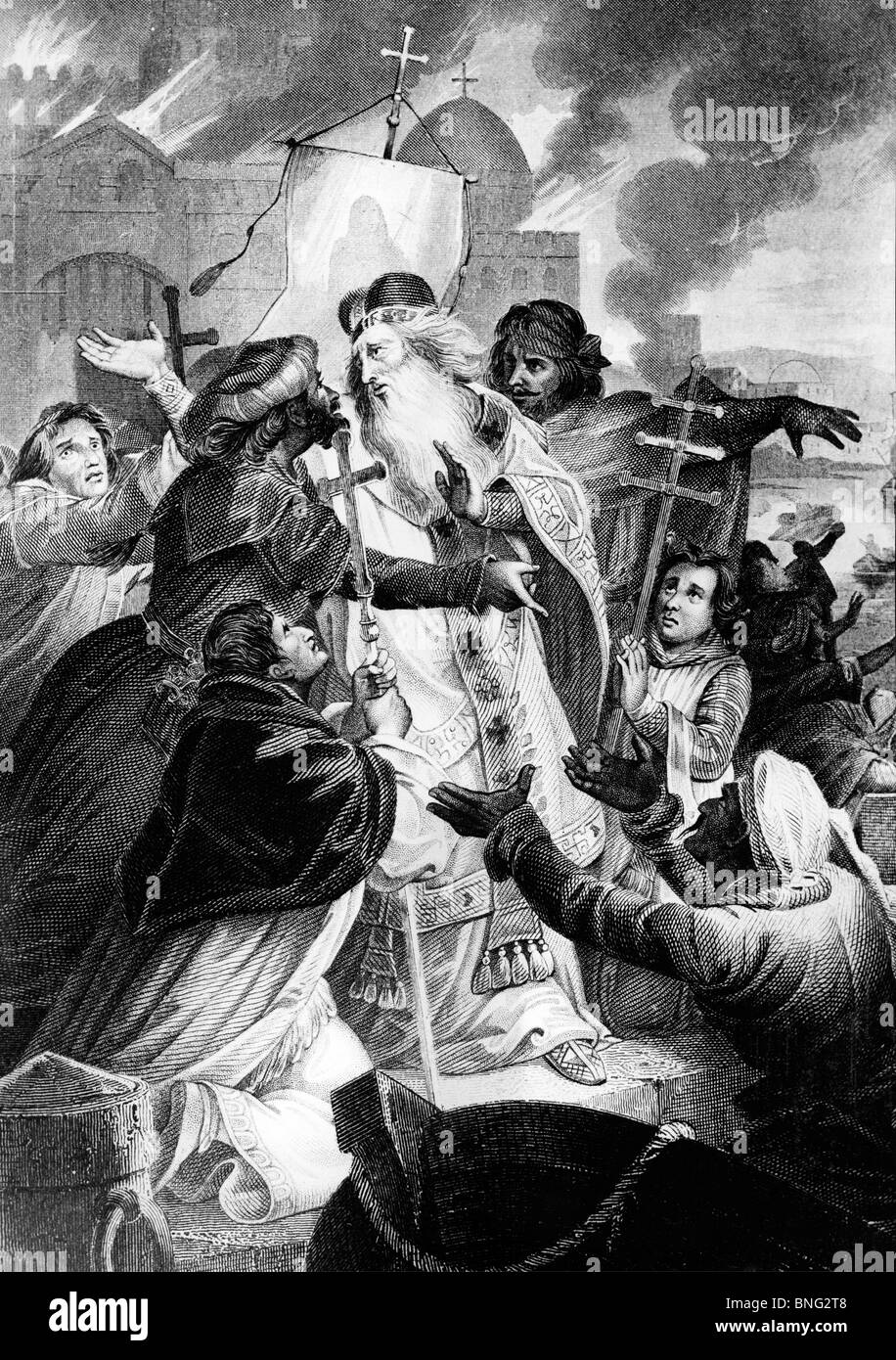 Nicolaus Patriarca di Gerusalemme salvato dalla combustione acro terminando il regno cristiano, 18 maggio 1291 da un artista sconosciuto Foto Stock
