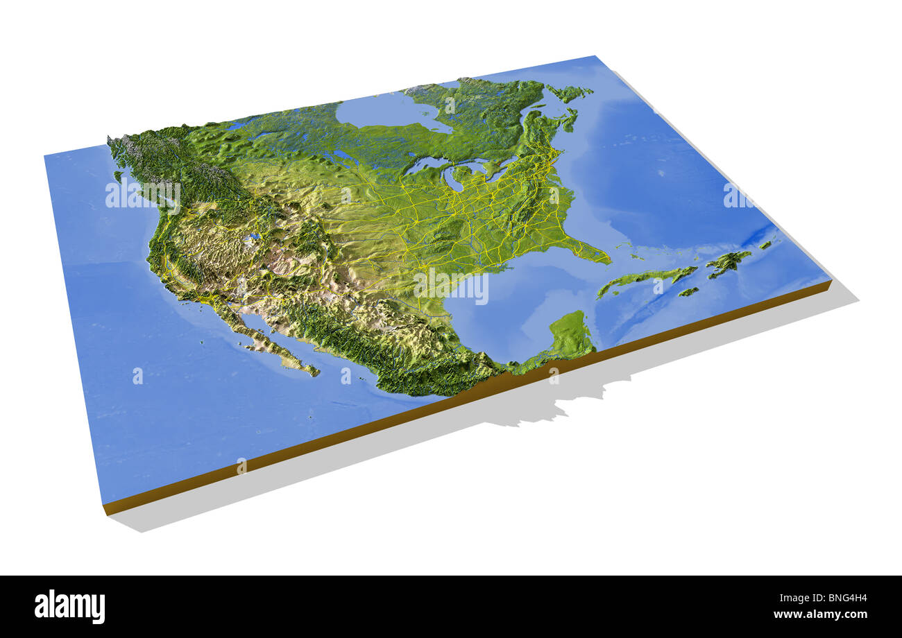 Stati Uniti, 3D rilievo mappa con le zone urbane, autostrade interstatali e frontiere. Foto Stock