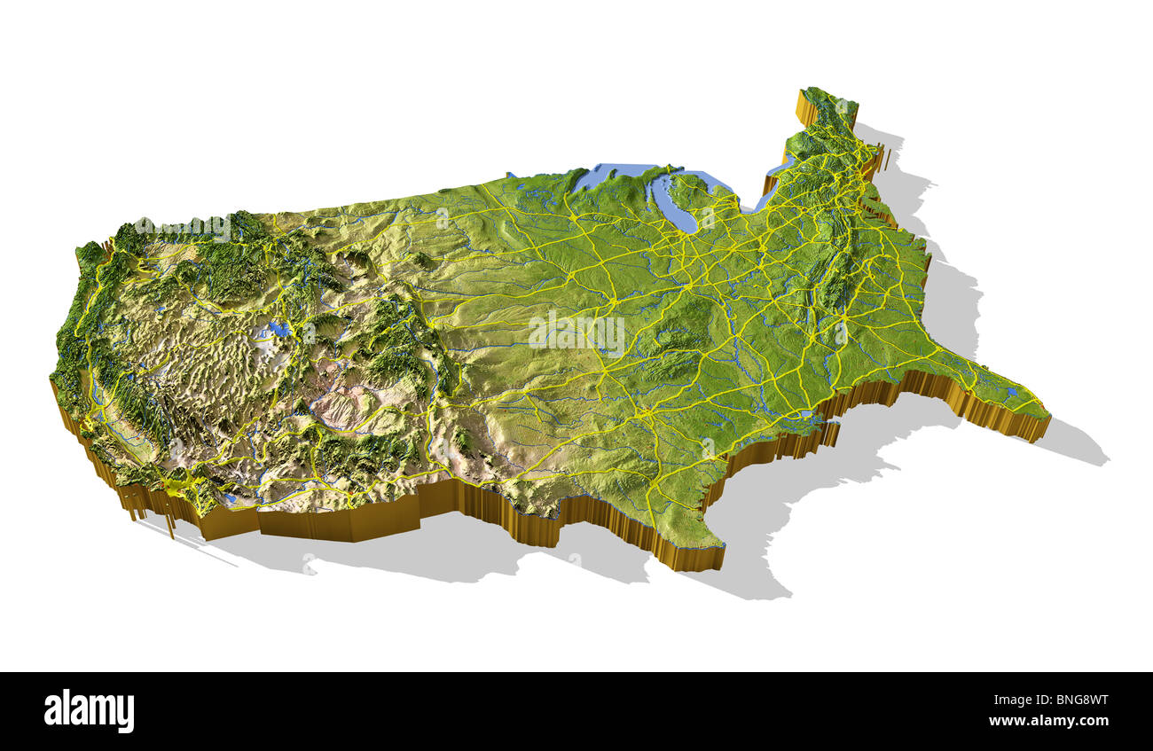 Contigui Stati Uniti, 3D rilievo mappa cut-out con le aree urbane e le autostrade interstatali. Foto Stock