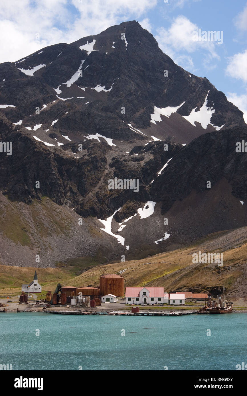 La vecchia stazione baleniera a Grytviken, in King Edward Cove, sull Isola Georgia del Sud. Foto Stock