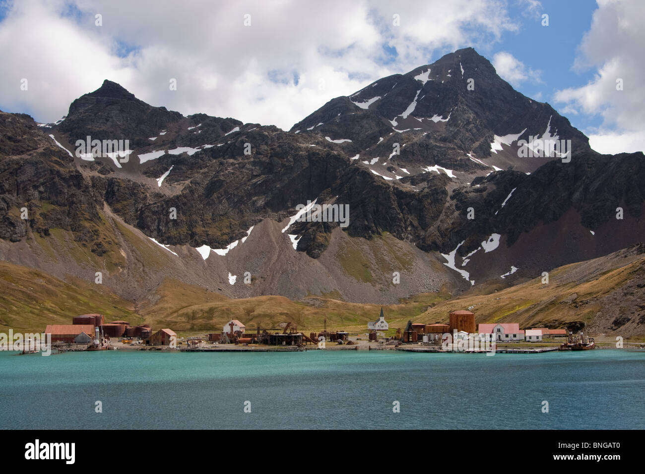 La vecchia stazione baleniera a Grytviken, in King Edward Cove, sull Isola Georgia del Sud. Foto Stock