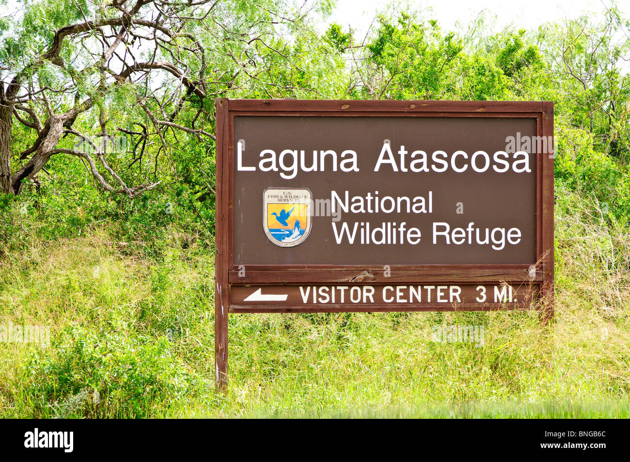 Cartello d'ingresso al Laguna Atascosa National Wildlife Refuge, Brownsville, Texas. Foto Stock