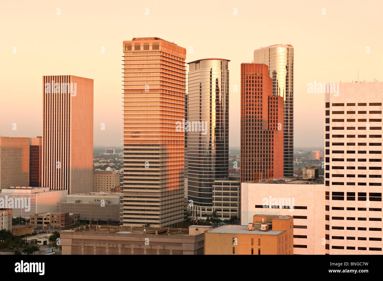 Texas, Houston. Skyline serale del centro città. Foto Stock