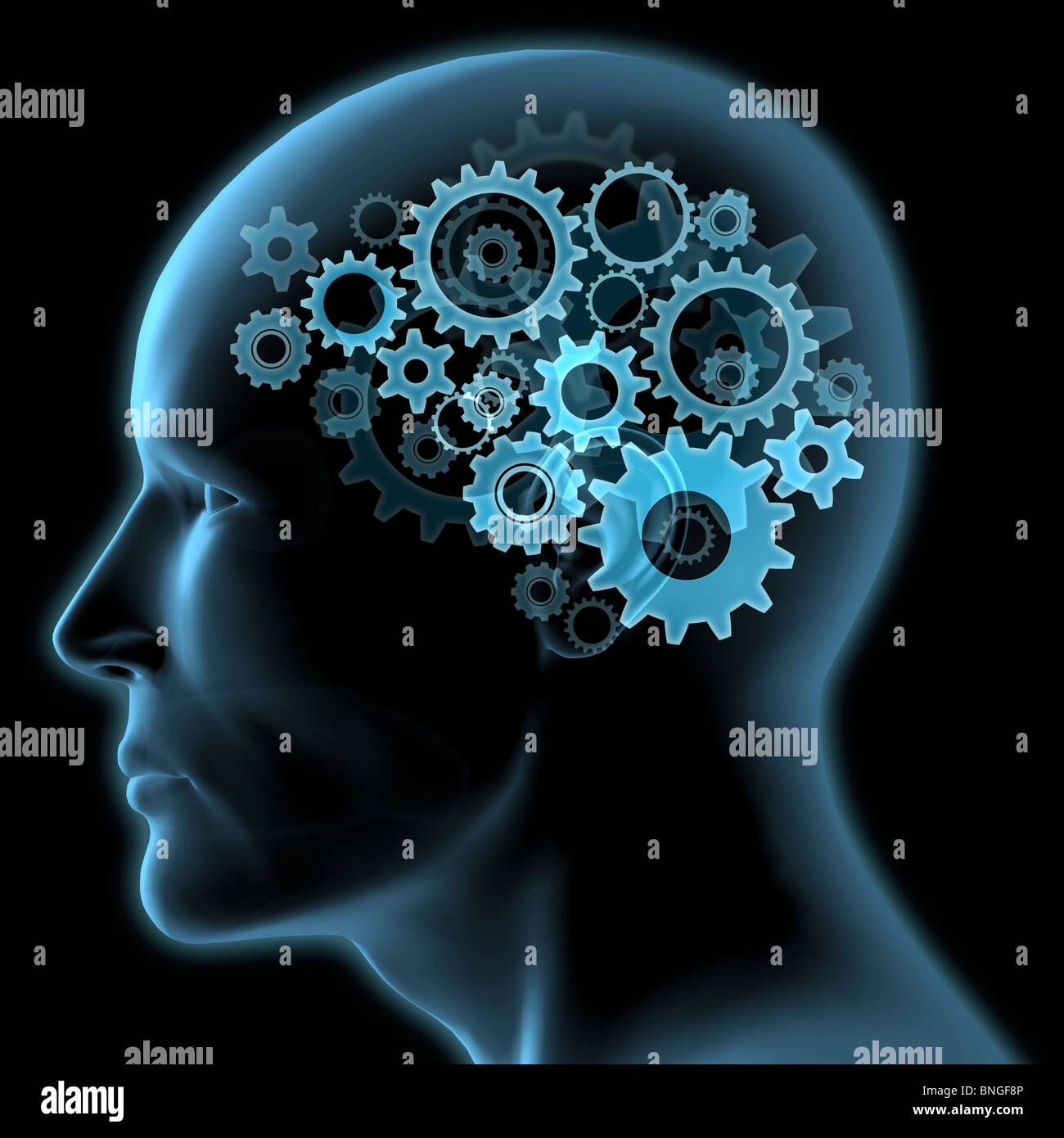 Close-up del capo di un uomo con le marce ruotando all'interno Foto Stock