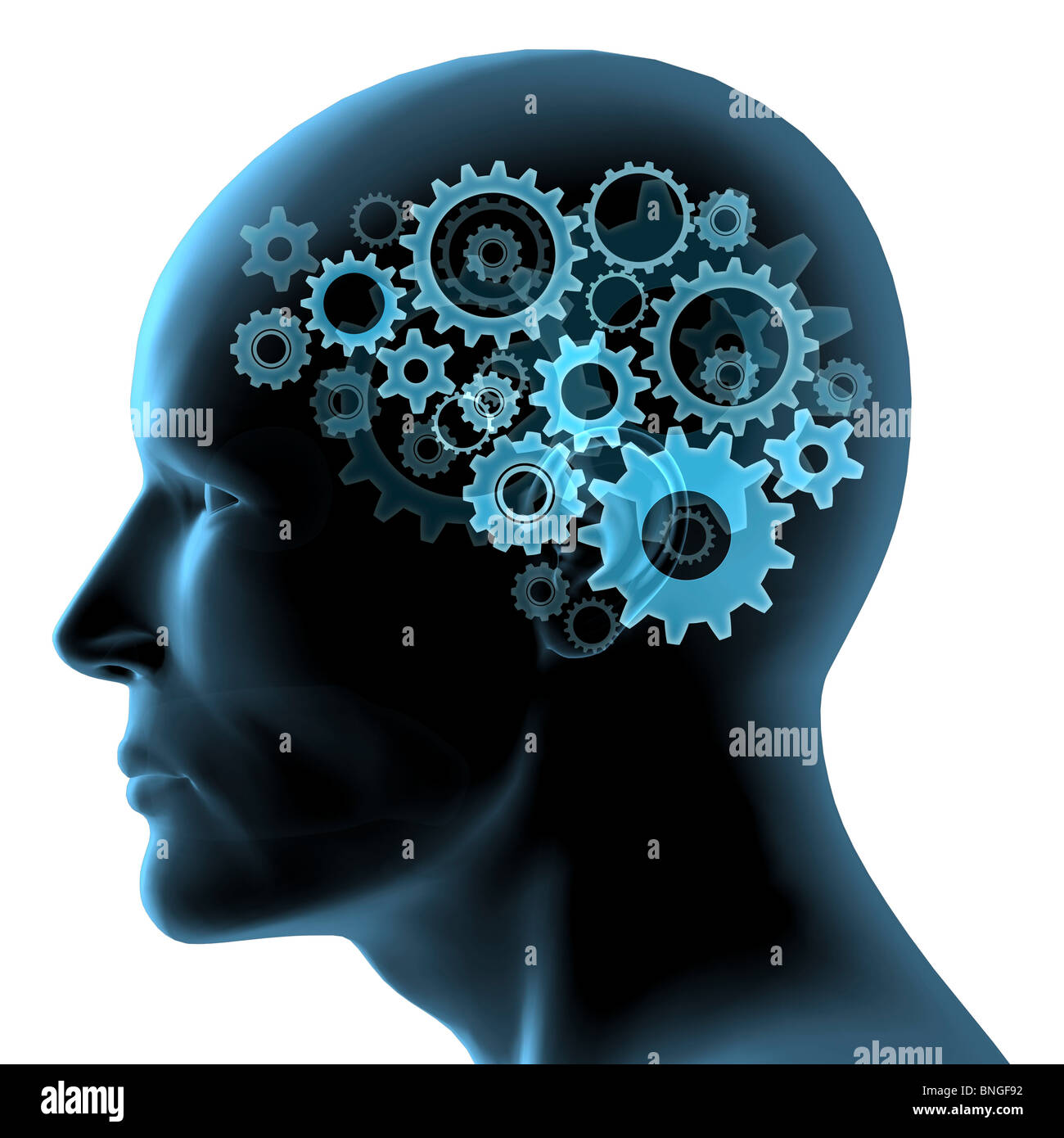 Close-up del capo di un uomo con le marce ruotando all'interno Foto Stock