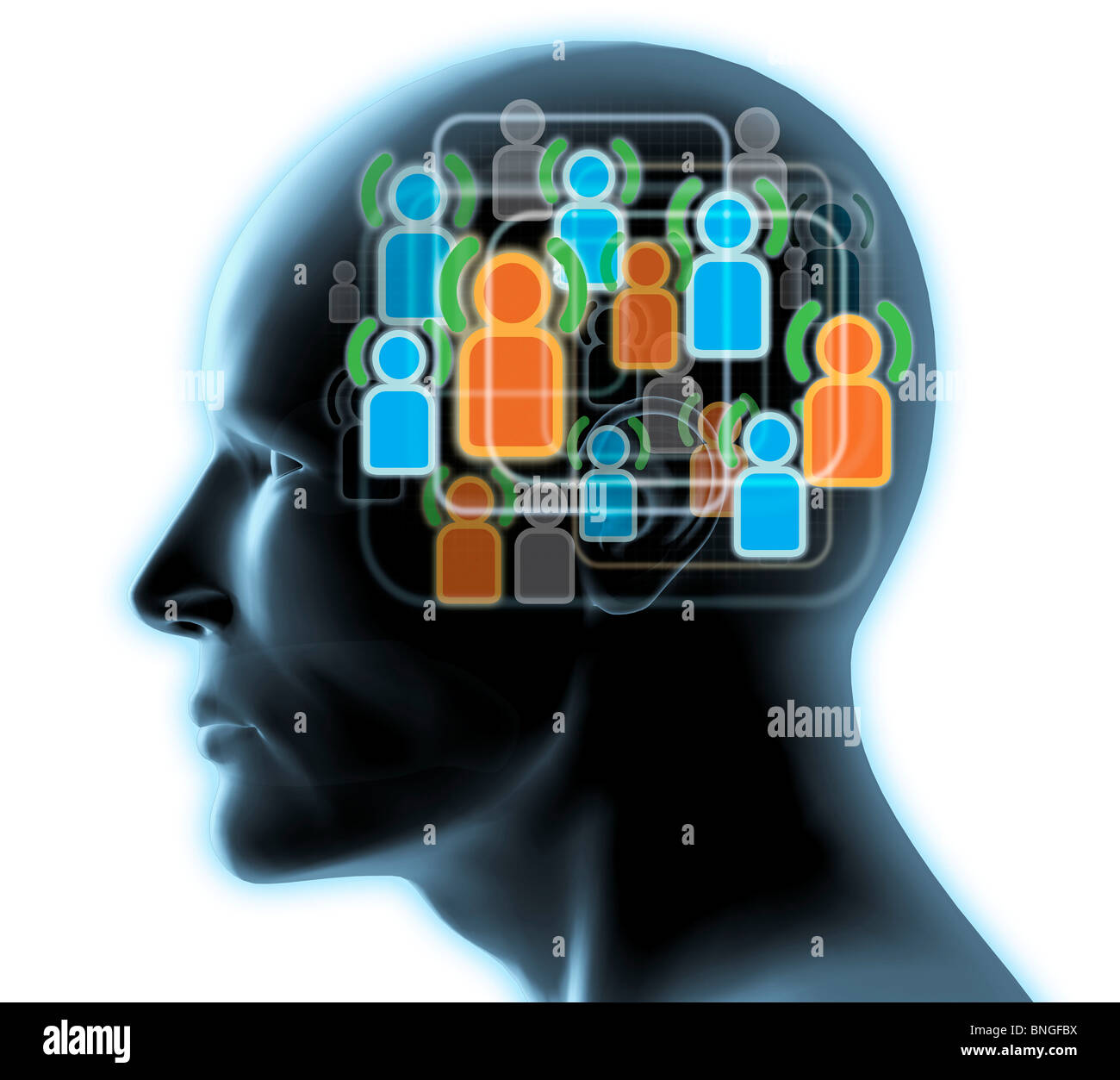 Close-up del capo di un uomo con il colore blu e arancione amici icone all'interno Foto Stock