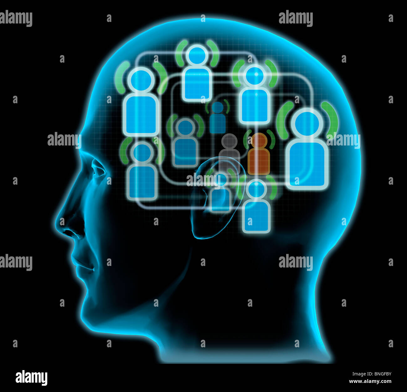Close-up del capo di un uomo con amici blu icone all'interno Foto Stock