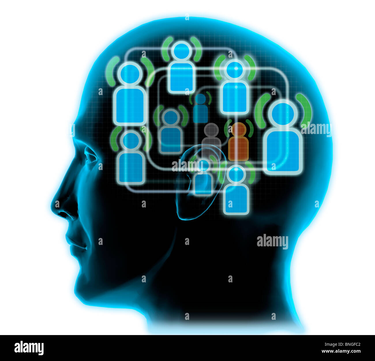 Close-up del capo di un uomo con amici blu icone all'interno Foto Stock
