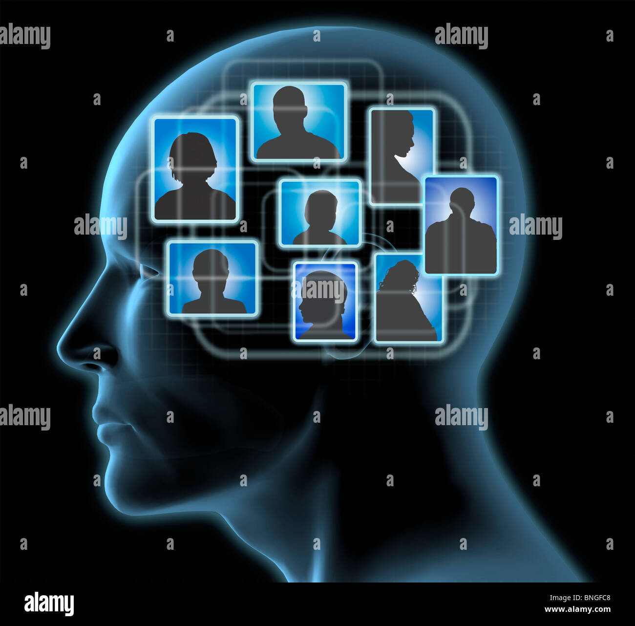 Close-up del capo di un uomo con amici blu all'interno di profili Foto Stock