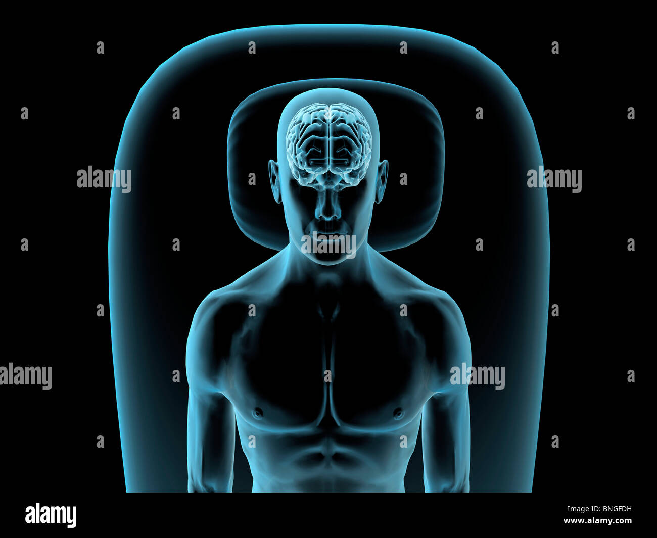 Vista ai raggi X di un uomo appoggiato con vista del cervello Foto Stock