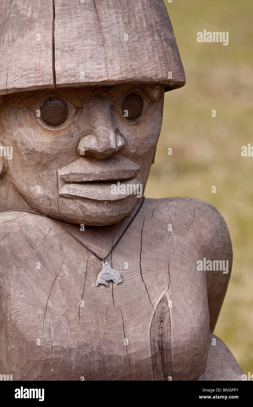 Close-up di un totem, Neah Bay, nello Stato di Washington, USA Foto Stock