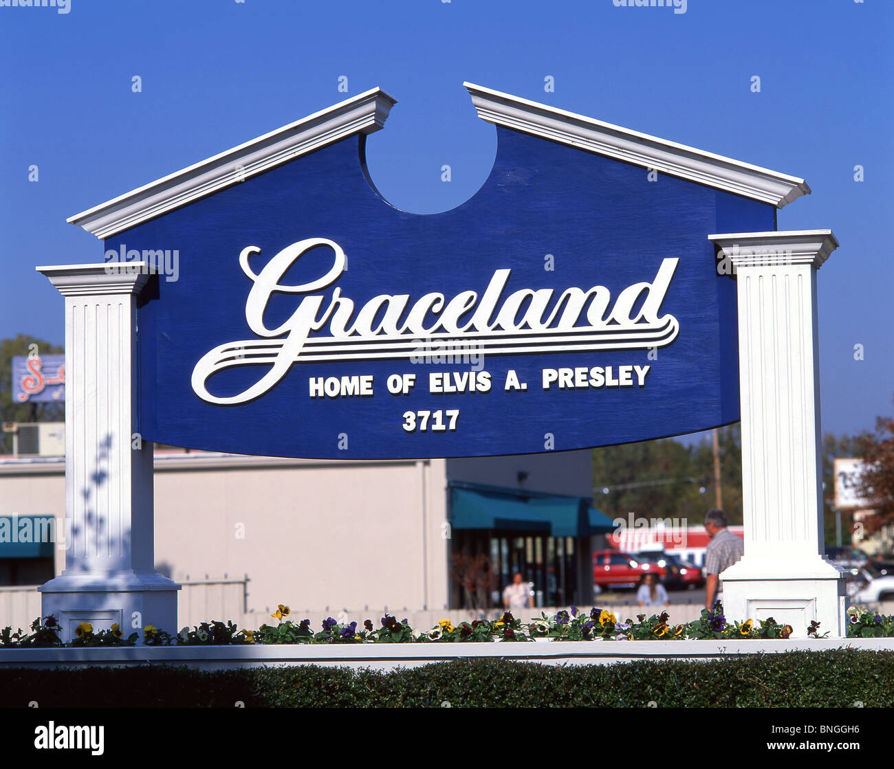 Ingresso segno, Casa di Graceland, Elvis Presley Boulevard, Whitehaven, Memphis, Tennessee, Stati Uniti d'America Foto Stock