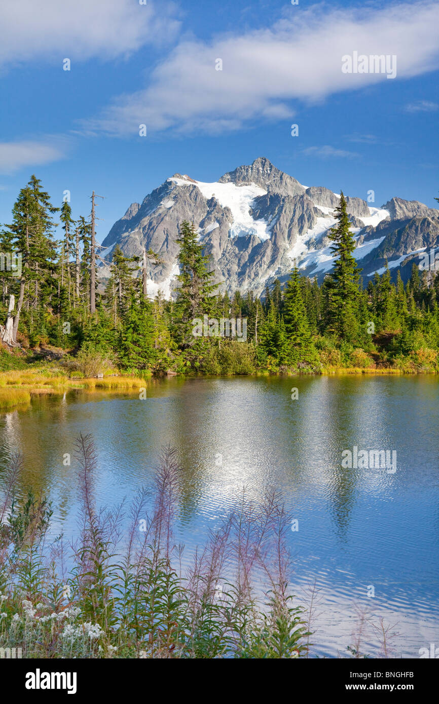 La riflessione di montagne in un lago, Mt Shuksan, il Monte Baker National Recreation Area, nello Stato di Washington, USA Foto Stock