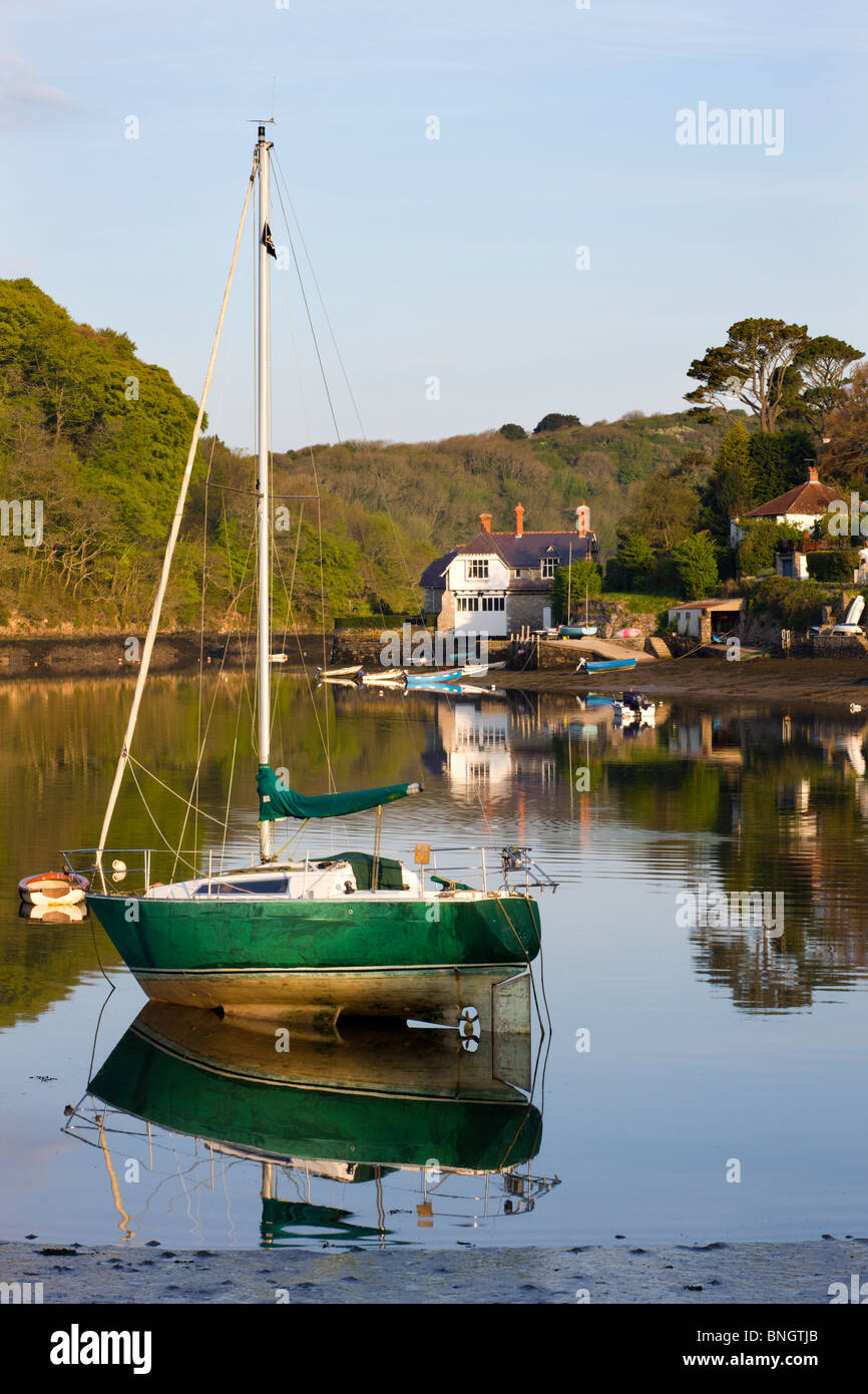 Tranquilla mattina presto scene sul fiume Yealm estuario a Newton Ferrers e Noss Mayo, Sud prosciutti, Devon, Inghilterra. Foto Stock
