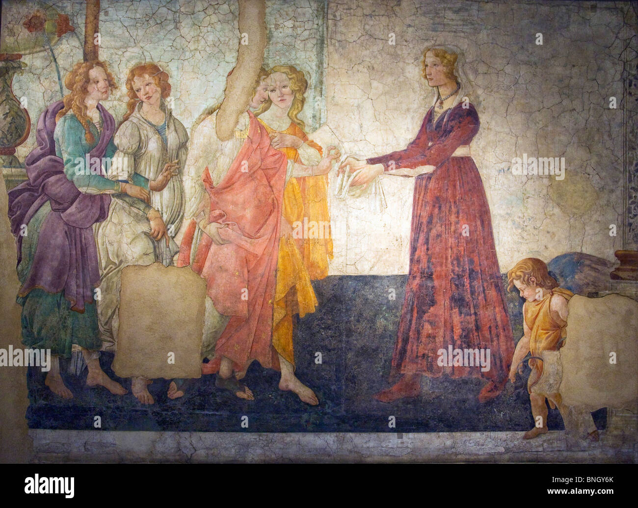 Venere e le Tre Grazie presentando doni ad una giovane donna di Sandro Botticelli affresco Francia Parigi Musee du Louvre Foto Stock