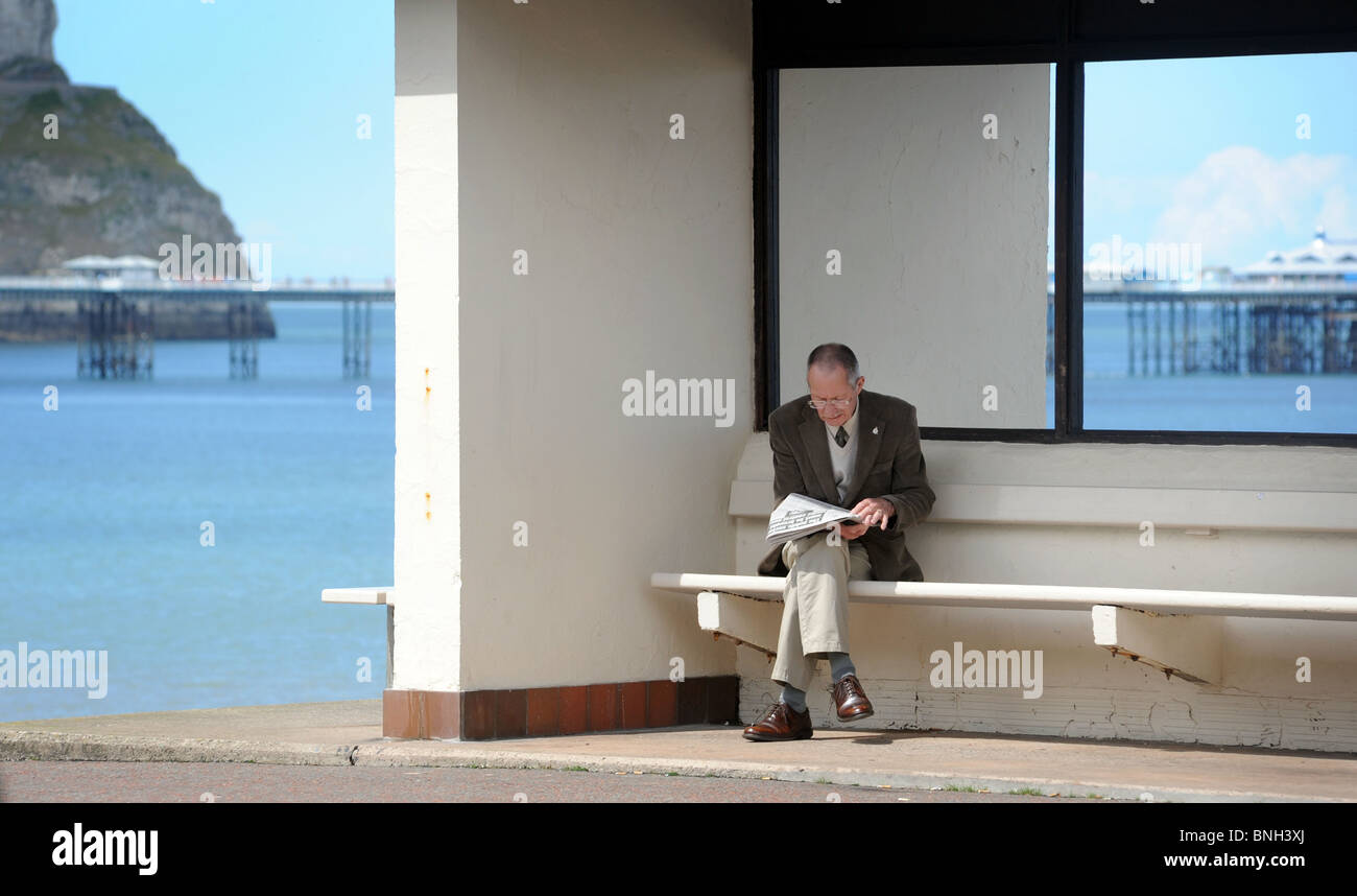 Titolare di una pensione o di una rendita leggendo un giornale sul fronte mare di un British seaside resort,UK. Foto Stock