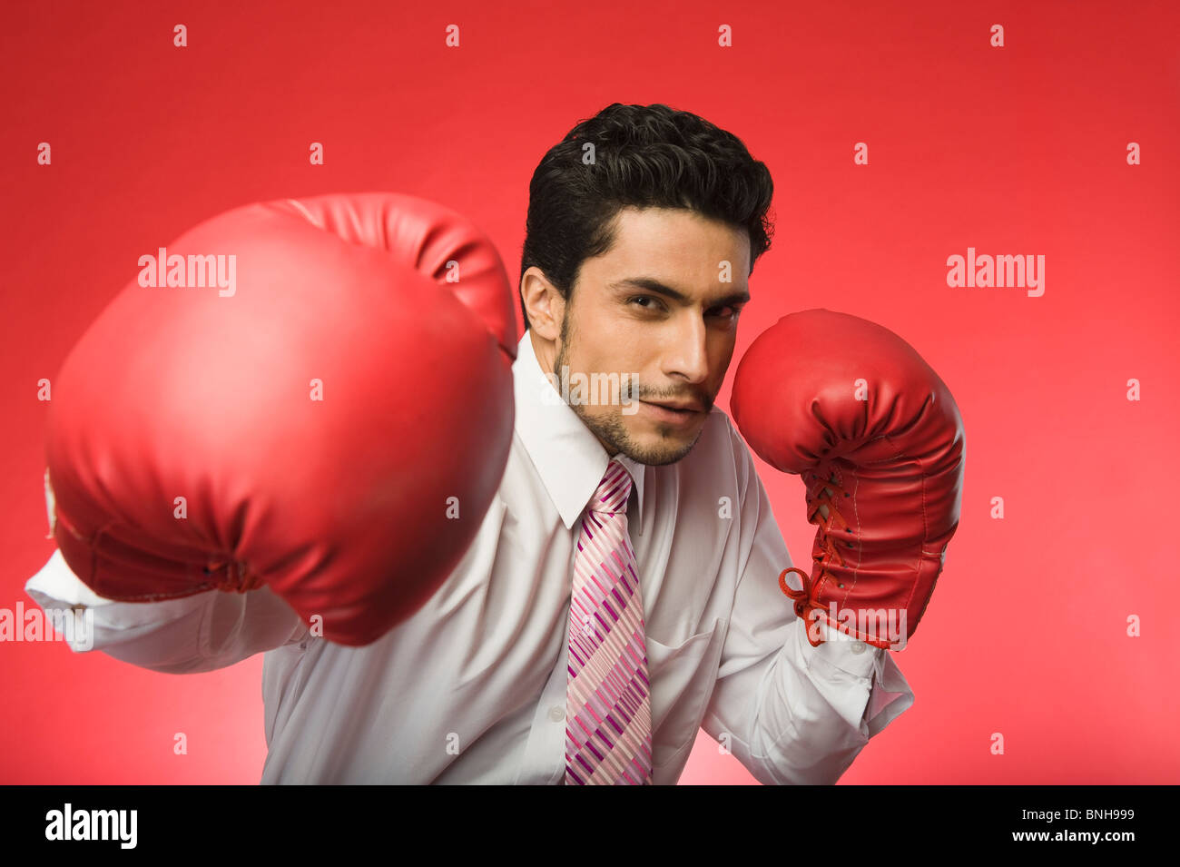 Ritratto di un imprenditore che indossa guantoni da pugilato Foto Stock