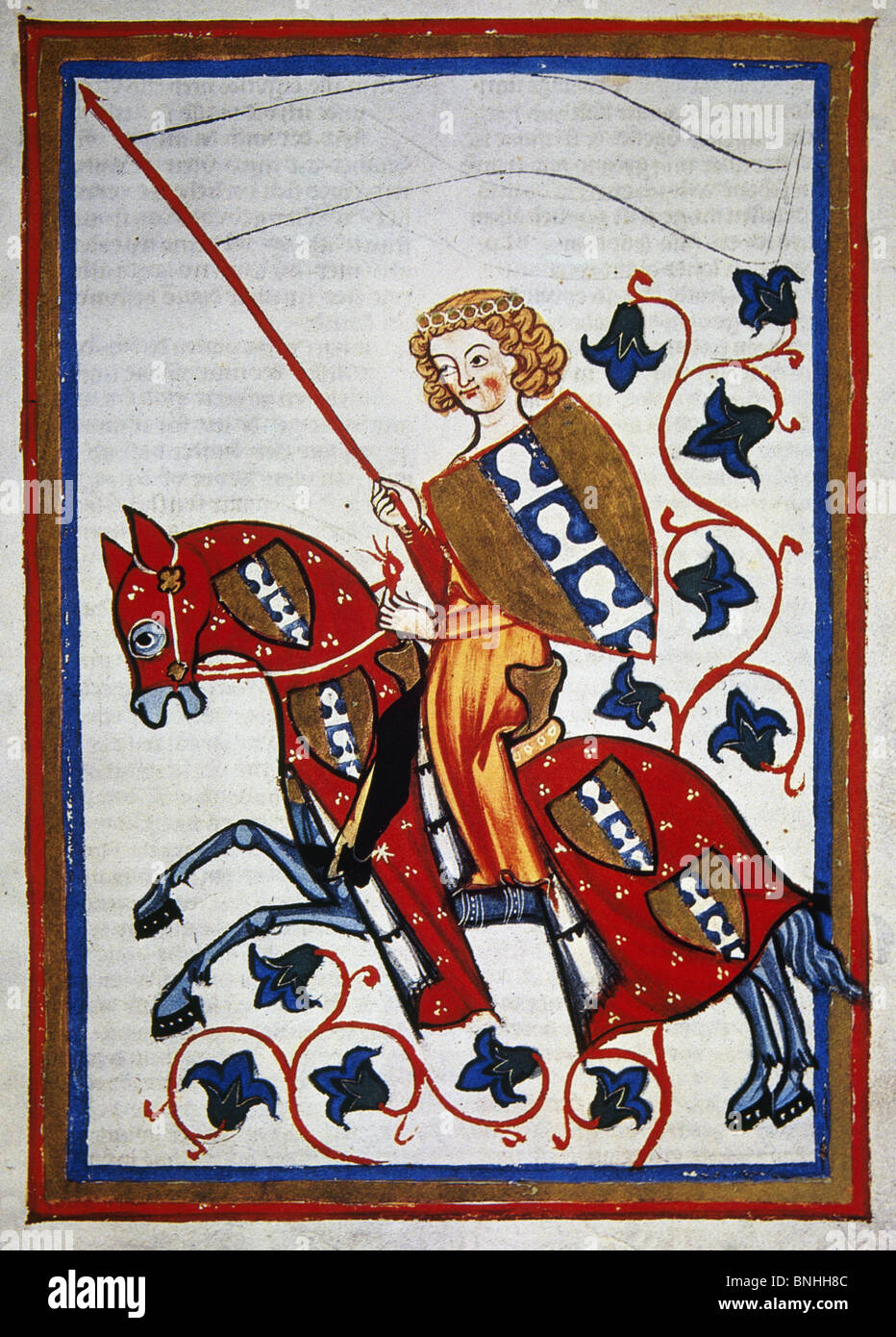 Heinrich von Rugge a cavallo con scudo e lancia. Codex Manesse. Foto Stock