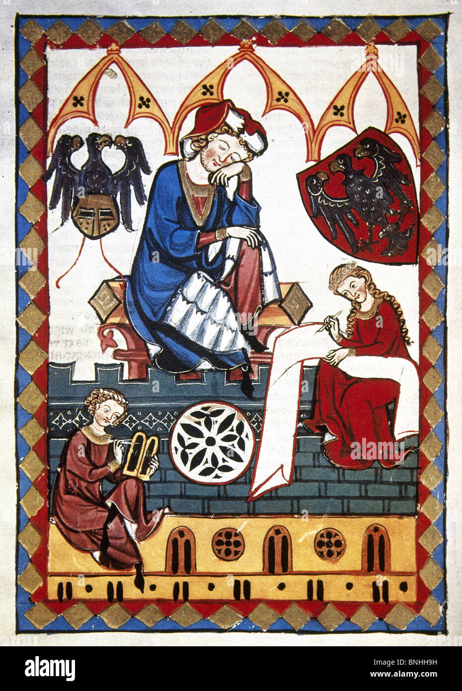 Reinmar Von Zweter (1200-1260), poeta renano, insegna due giovani uomini di arti. Codex Manesse. Foto Stock