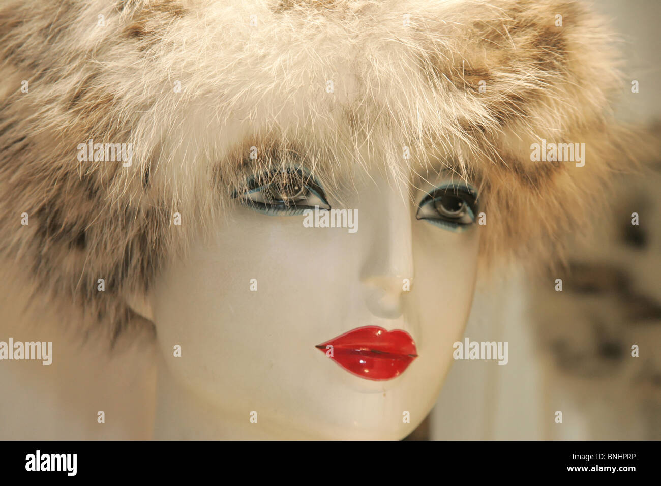 Manichino Visualizza dettaglio della testa della superficie di cappuccio di pelliccia hat luxury store shop shopping window decorazione dei burattini Foto Stock
