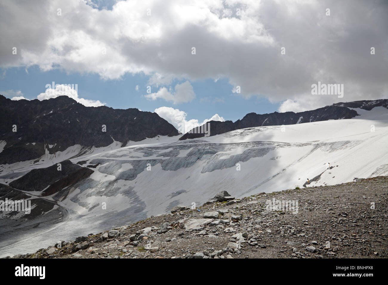 Il ghiacciaio Rettenbach a Sölden, Tirolo, Austria nel mese di luglio Foto Stock