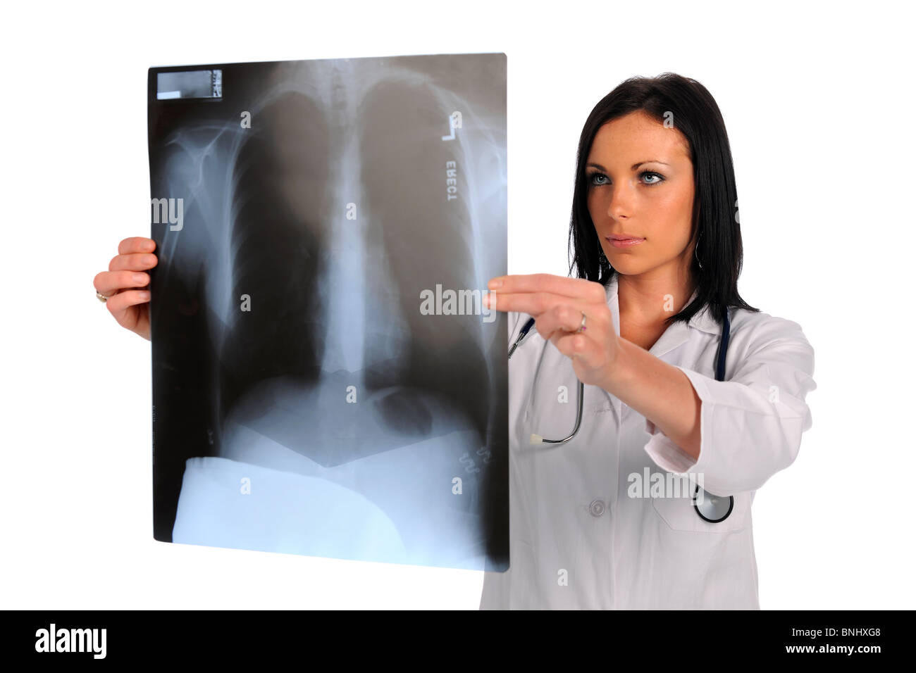 Medico donna cerchi a raggi X isolate su sfondo bianco Foto Stock