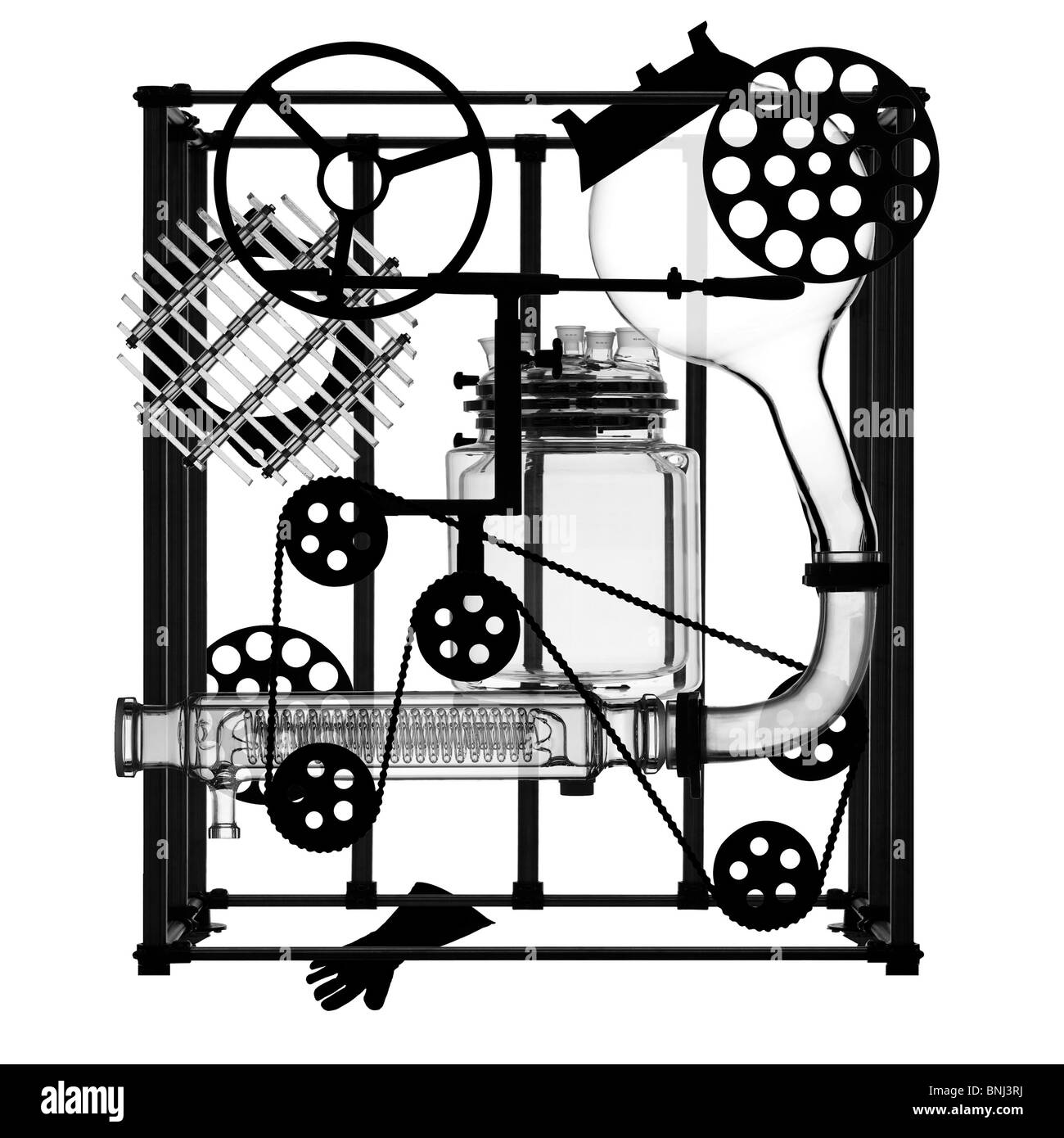 Laboratorio Scientifico sihlouetted vetro contro uno sfondo bianco composto da guardare come parti di macchina Foto Stock