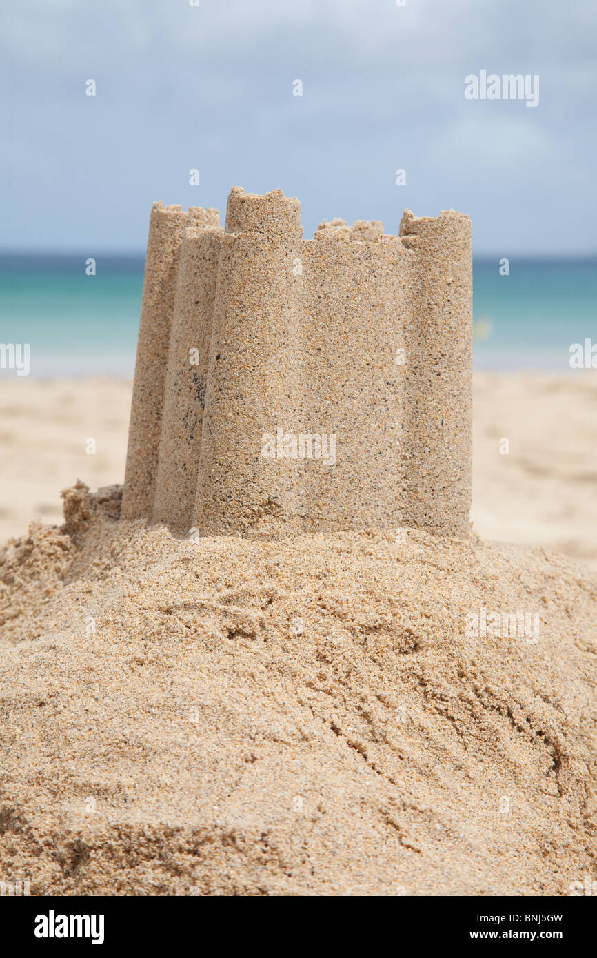 Castello di sabbia su una spiaggia in Cornwall Inghilterra, Regno Unito. Foto Stock