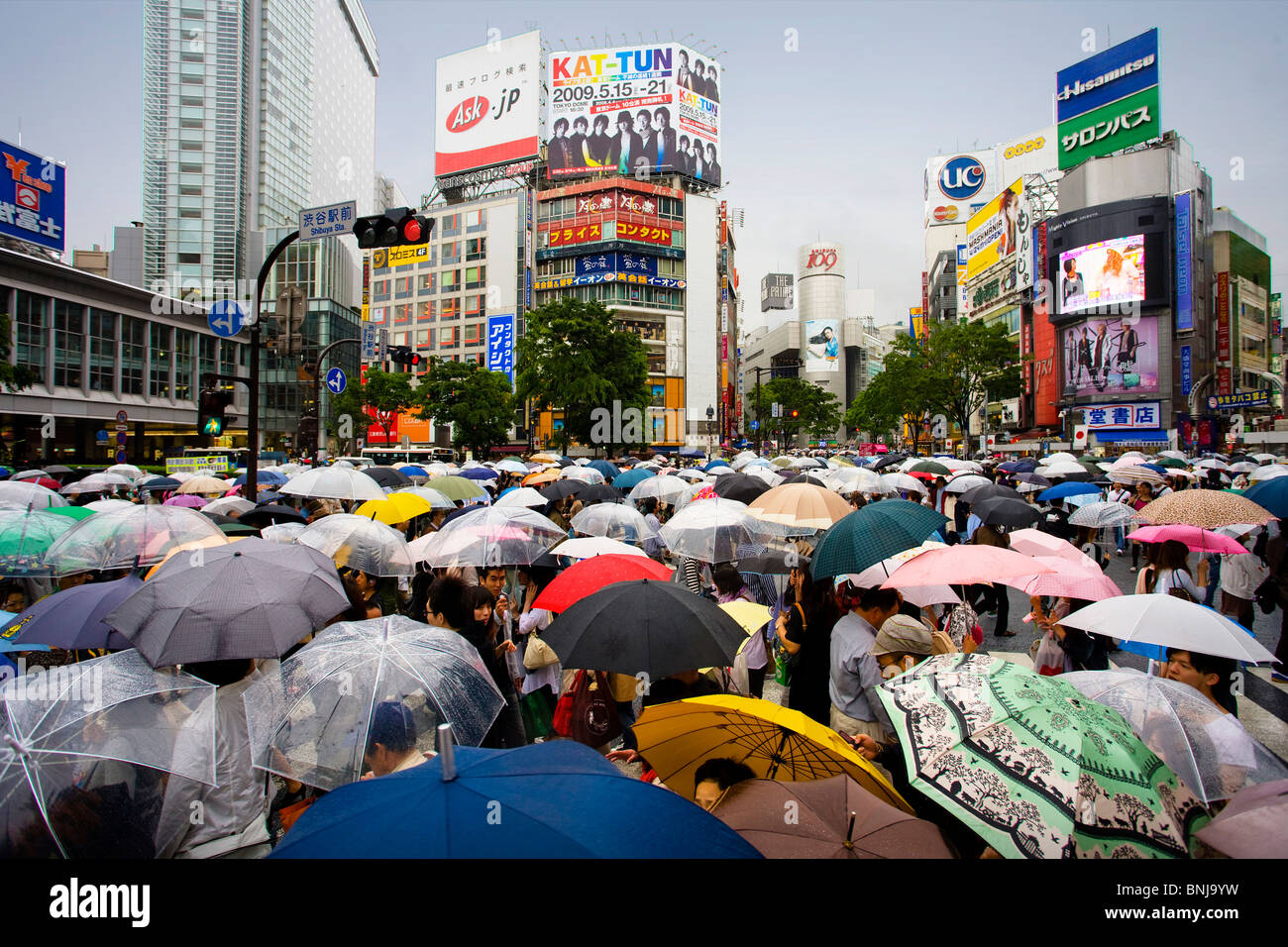 Asia Giappone Tokyo città quartiere Shibuya Passante schermate pedonale piogge ombrelloni annuncio assunzione luci al neon Foto Stock