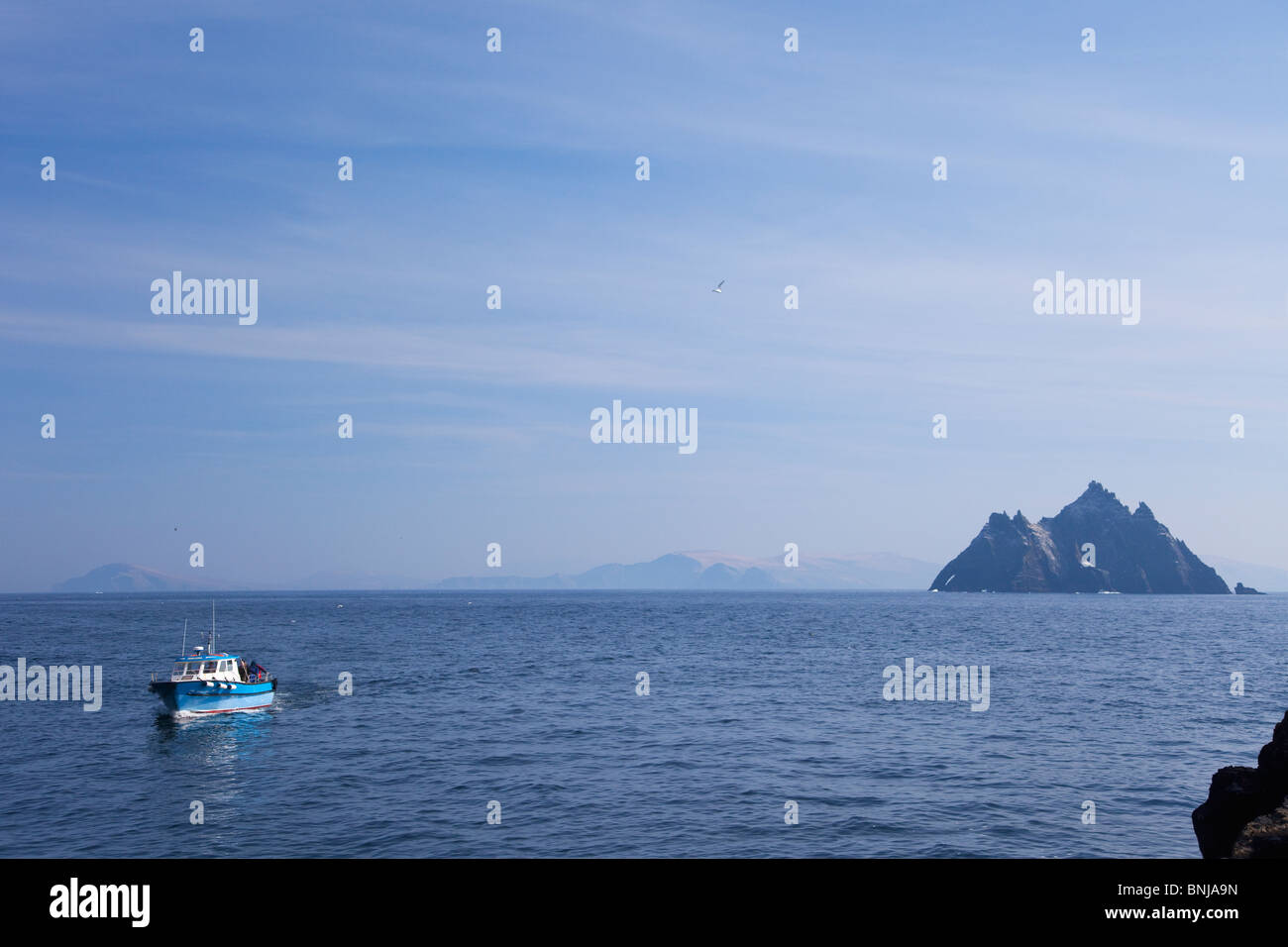 Barca, viaggio, Skellig Michael, County, Co.,Kerry, in primavera, sole, Repubblica di Irlanda, Eire, Europa Foto Stock