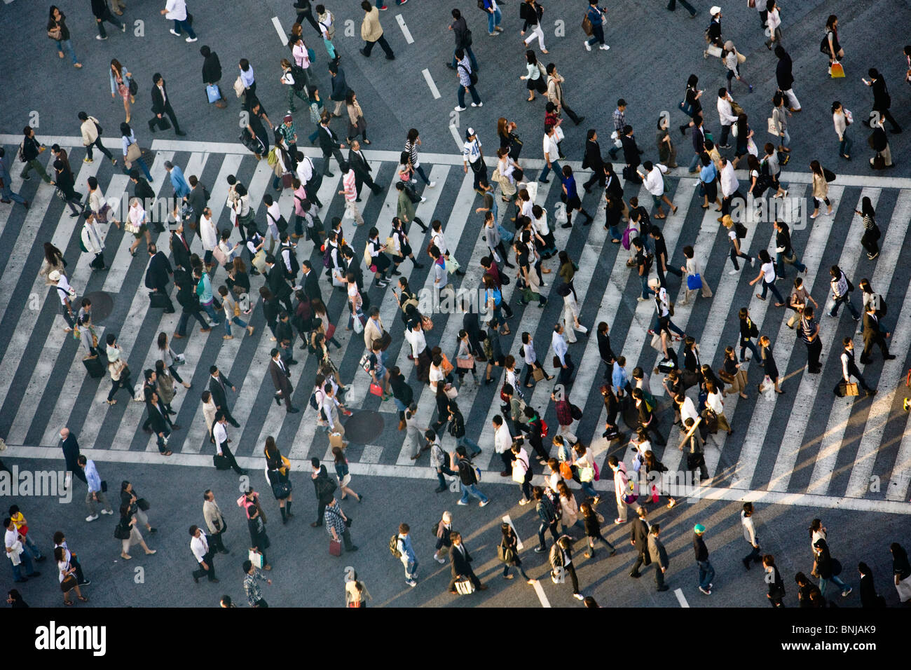 Asia Giappone Tokyo città quartiere Shibuya i passanti da pedoni pattuglie di strisce pedonali strisce della folla di persone Foto Stock