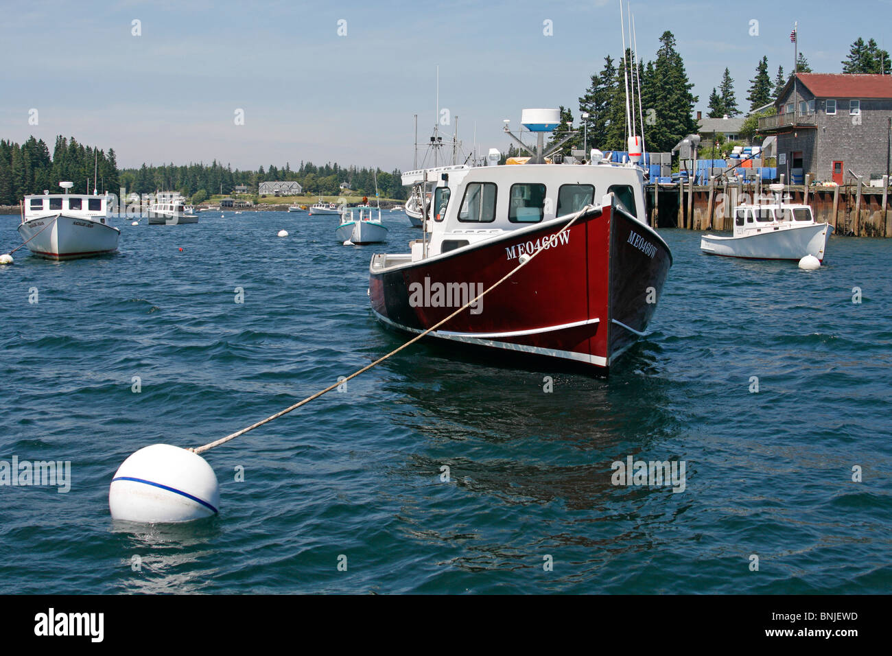 Costa del Maine Port Clyde New England USA villaggio di pescatori Oceano Atlantico Fishermens per la porta del dock lobster barche Foto Stock