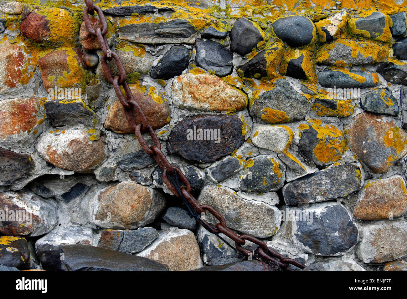 Costa del Maine Monhegan Isola Nuova Inghilterra USA offshore remoti muro di pietra lichen catena ruggine rusty Foto Stock