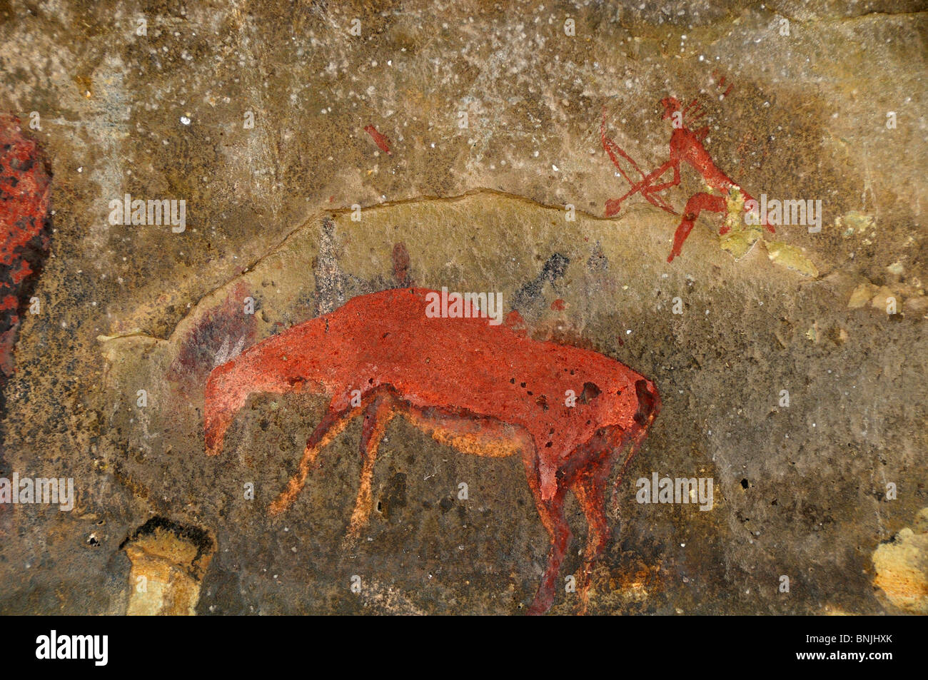 Arte rupestre di San Bushman pitture rupestri Kamberg Riserva Naturale Montagne Drakensberg Kwazulu Natal Sud Africa animali preistorici Foto Stock